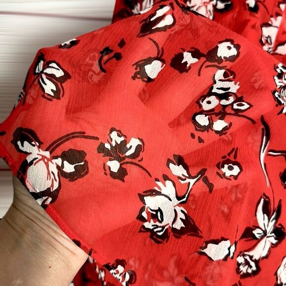 NWOT Veronica Beard Silk Blouse Red Floral Ruffle Trim Long Sleeve Top US 8 - Picture 11 of 16